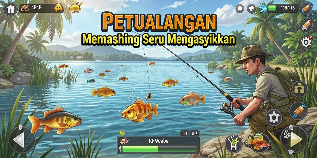 Tampilan gameplay <strong>4P4P</strong> dengan pemancing yang sibuk menangkap ikan di danau.