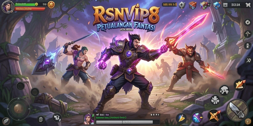 Screenshot gameplay RSNVIP8 dengan karakter beraksi di dunia fantasi.