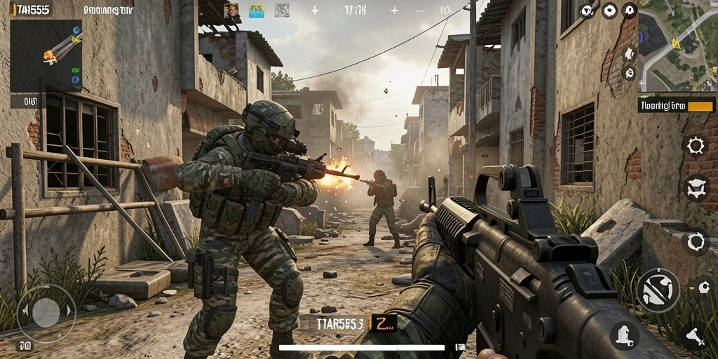 Screenshot TAR555 menampilkan aksi mendebarkan dalam game FPS.